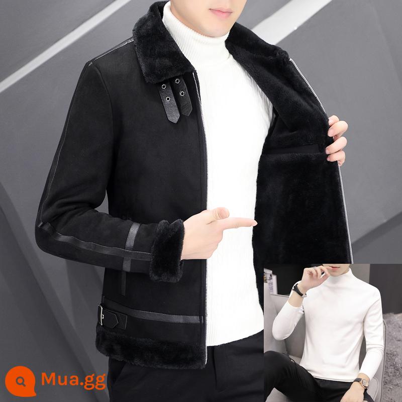 Winter Deer Epolid Velvet Male Plus Velvet dày hợp thời trang đẹp trai Phiên bản ngắn áo khoác áo khoác Winter Young Cotton áo khoác - áo len đen +