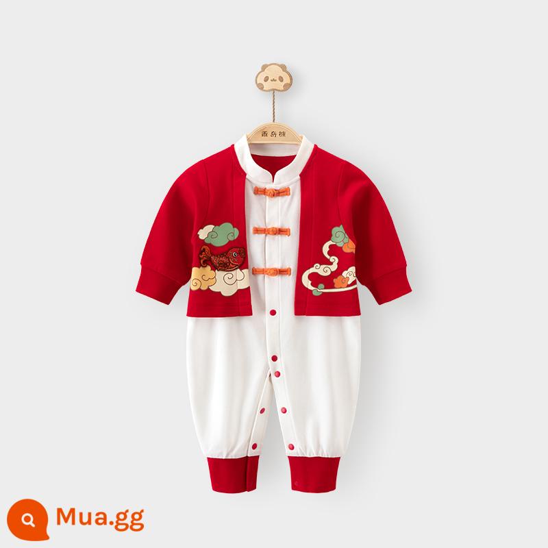 Bộ áo liền quần hai mảnh giả cho bé mùa xuân và mùa thu cotton nguyên chất cho bé Bộ váy liền năm mới màu đỏ quần áo 100 ngày đầu năm mới Chúc mừng năm mới - Big Red/Koi Tengyun