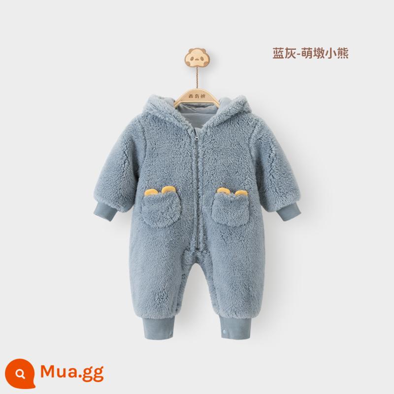 Bé lông cừu jumpsuit mùa đông dày ấm cho bé phong cách nước ngoài quần áo dễ thương áo khoác ngoài trùm đầu áo liền quần tập bò quần áo - Gấu xanh xám/dễ thương