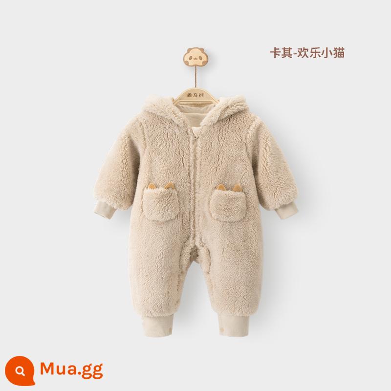 Bé lông cừu jumpsuit mùa đông dày ấm cho bé phong cách nước ngoài quần áo dễ thương áo khoác ngoài trùm đầu áo liền quần tập bò quần áo - Khaki/Mèo vui vẻ