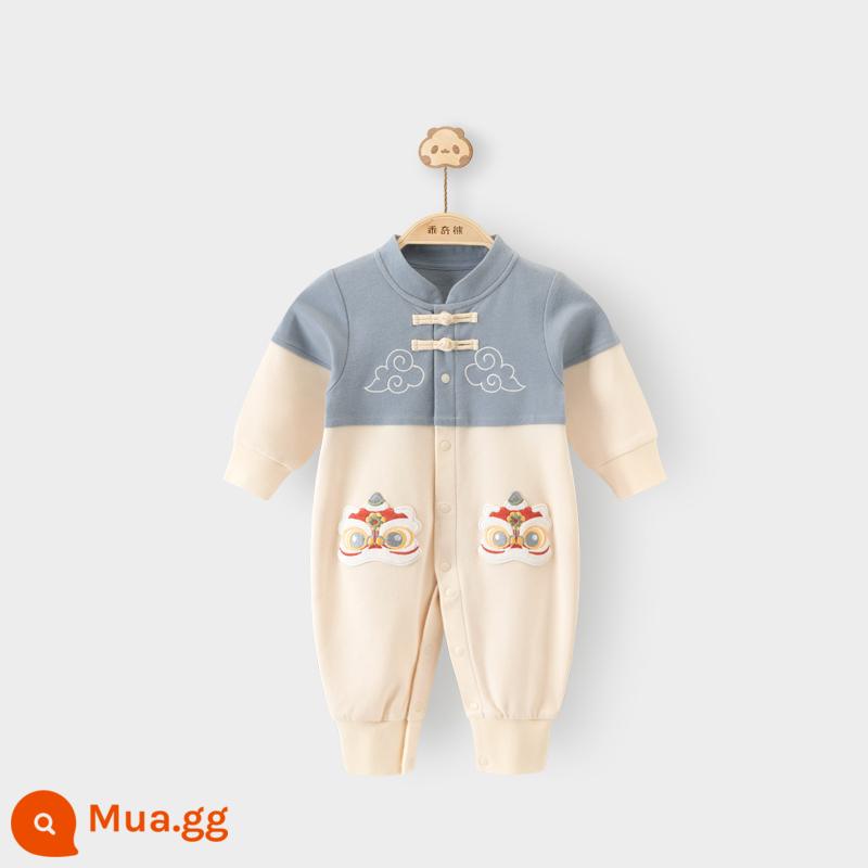 Gấu đẹp phong cách Trung Quốc áo liền quần cotton cho bé mùa xuân và mùa thu phong cách nước ngoài đi chơi quần áo trẻ em quốc triều áo liền quần - Xám xanh / múa sư tử để cầu nguyện