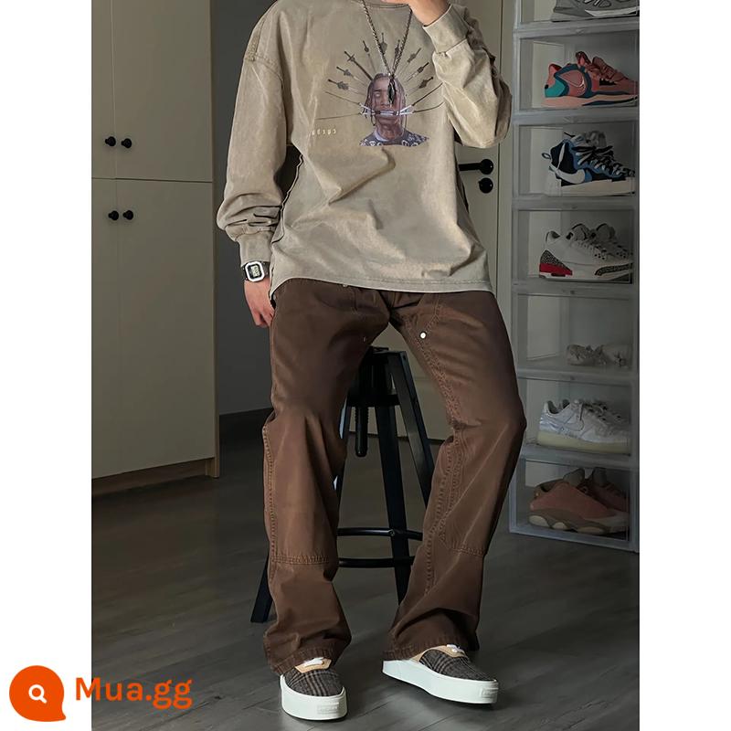 Quần yếm đen nam mùa xuân cleanfit Mỹ Vibe Carhartt quần dài 2 đầu gối quần dài đa năng - Màu nâu