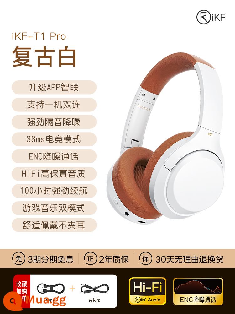 Tai nghe iKF T1 không dây Bluetooth 2024 máy tính mới trò chơi thể thao điện tử giảm tiếng ồn Tai nghe chờ siêu dài - Retro White - Phiên bản nâng cao [Thời lượng pin 100 giờ + hỗ trợ mở rộng APP tự phát triển + Chất lượng âm thanh HiFi]