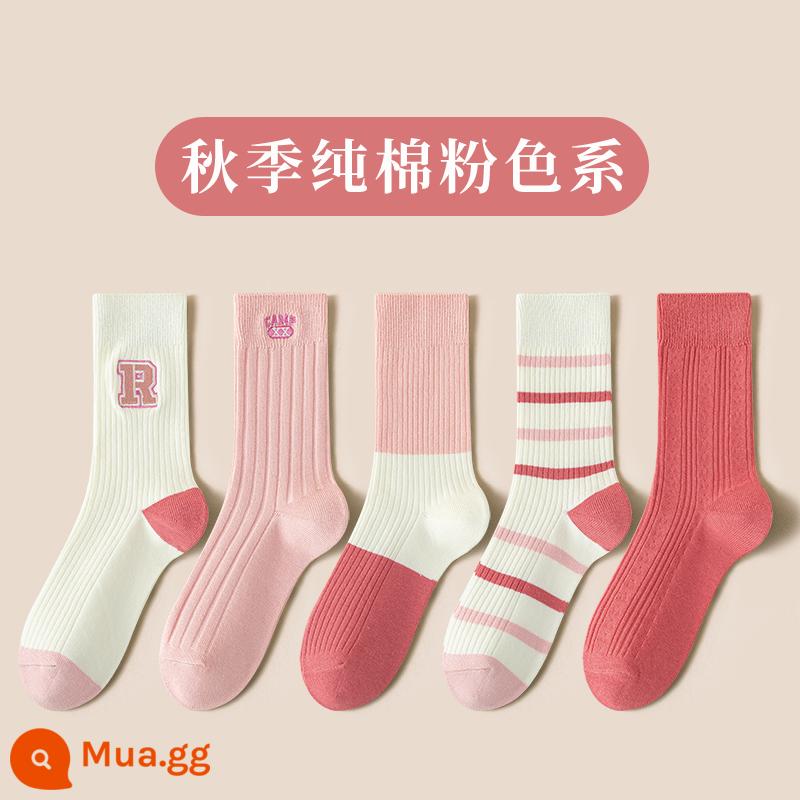 Tất nữ mùa xuân thu ống giữa cotton nguyên chất thấm hút mồ hôi mùa hè mỏng dopamine nổi tiếng trên đường phố vớ nữ hợp thời trang - 5 đôi màu hồng