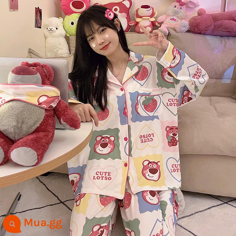 Bộ đồ ngủ dài tay bằng cotton nguyên chất mùa xuân và mùa thu cho nữ cậu bé ba mắt 2023 mùa hè mới kiểu lưới đỏ áo khoác ngoài dễ thương phục vụ tại nhà - 6731 nữ