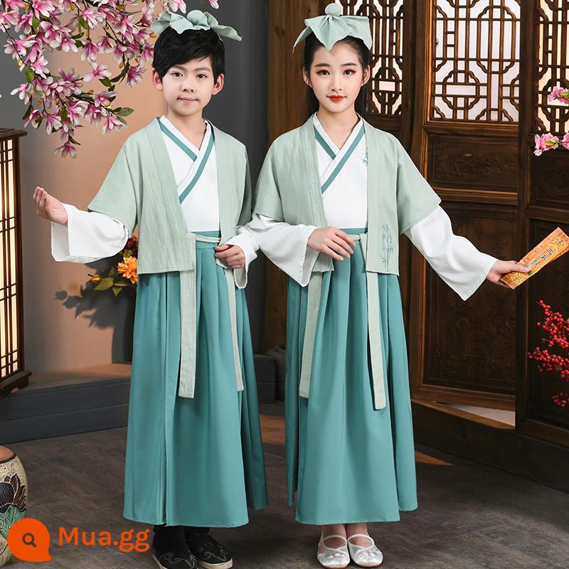 Hanfu trẻ em, tiết mục khai mạc trường mẫu giáo bé gái, trang phục bé trai phong cách Trung Hoa, đồng phục học sinh Trung Quốc, trang phục biểu diễn tiểu học nữ - Áo khoác trắng + váy xanh + vest, nam nữ giống nhau