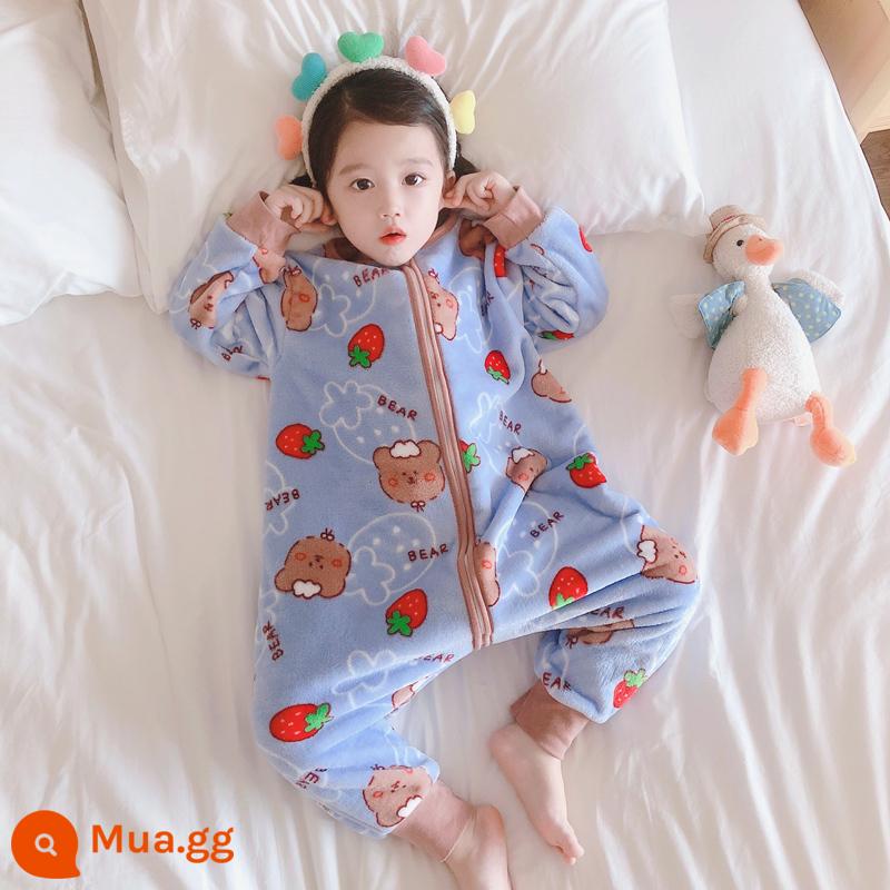 Túi ngủ bé vào mùa thu và mùa đông em bé Pyjamas Boys, Boys, cộng với cú hích san hô dày - Gấu dâu xanh (Flannel)