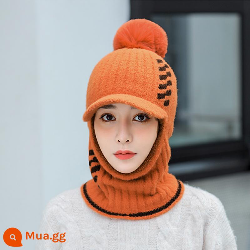 Nón Nữ Mùa Đông Của Cổ Khăn One Plus Nhung Đi Xe Đạp Điện Chống Lạnh Hood Ấm Hiện Vật Phong Cách Nước Ngoài Chống Gió - Mũ sọc cam