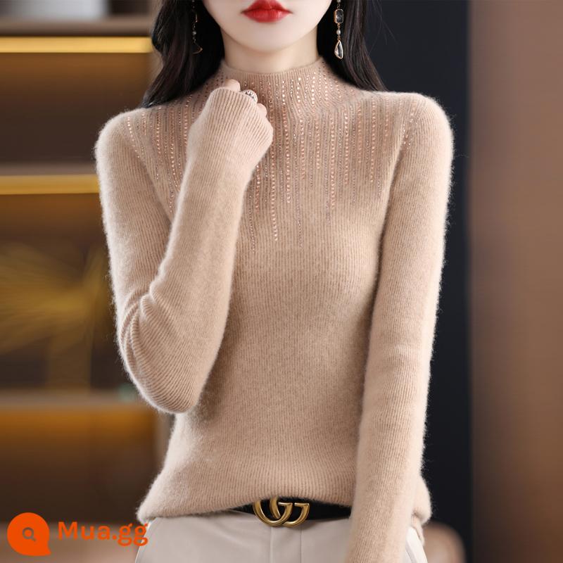 Áo len cổ lọ nửa của nữ 100 len nguyên chất kim cương áo thun dày cashmere áo sơ mi dệt kim có đáy ôm vừa vặn dành cho nữ - Khaki