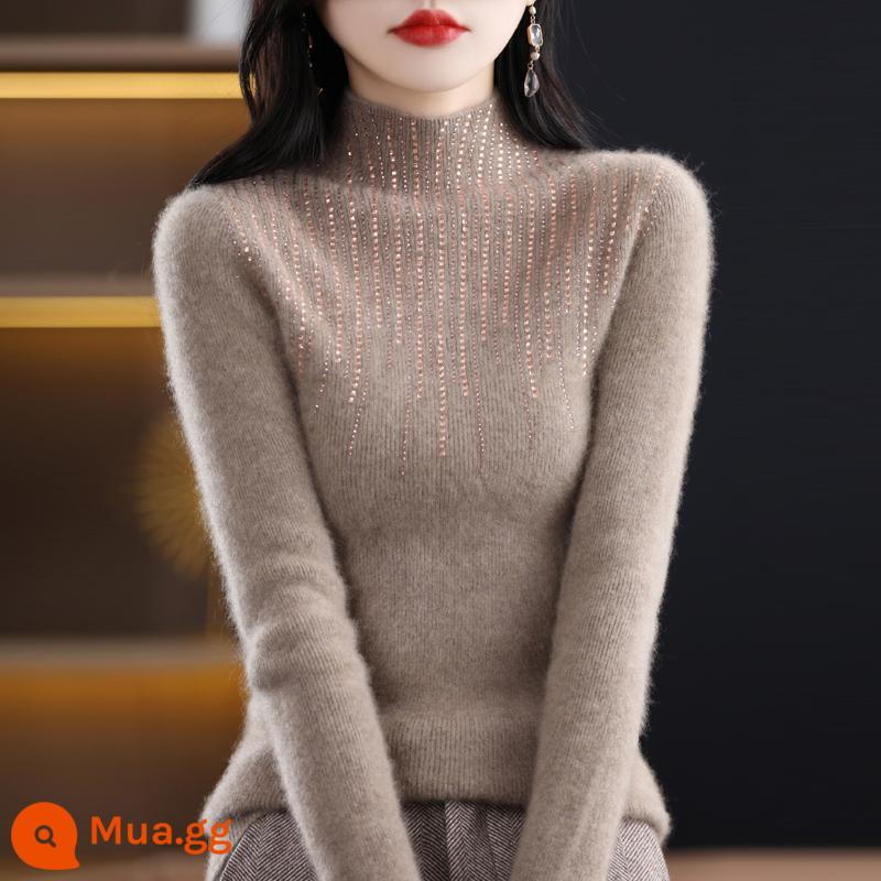 Áo len cổ lọ nửa của nữ 100 len nguyên chất kim cương áo thun dày cashmere áo sơ mi dệt kim có đáy ôm vừa vặn dành cho nữ - Lạc đà nhung thô