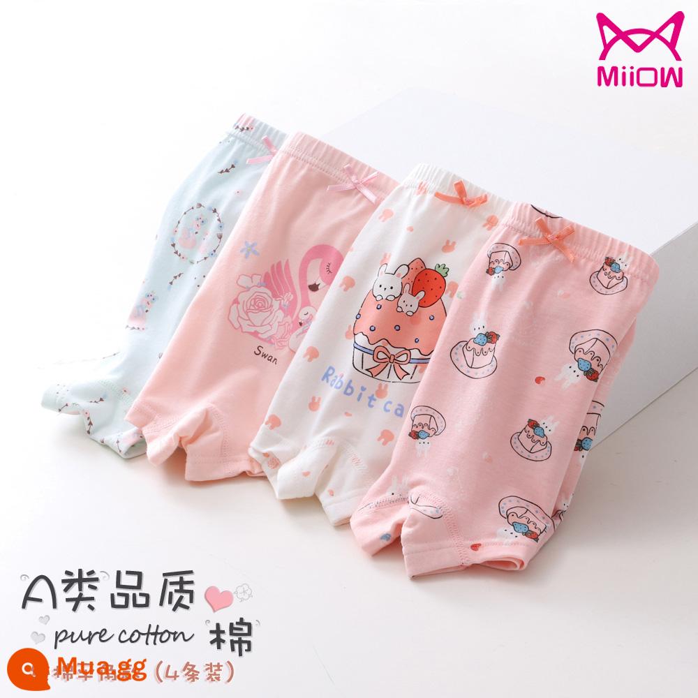 Mèo quần lót trẻ em bé gái cotton boxer bé gái tam giác bốn góc bé gái quần đùi cotton không kẹp mông - Bánh Hồng Hạc + Dâu (kháng khuẩn 4 miếng)