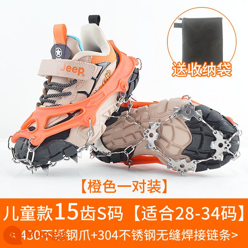 Mùa đông ngoài trời băng -claw giày Bottom Snow Leo núi leo núi trượt băng Skate Nails Anti -slip Artifact Shoes - Mẫu chuyên nghiệp trẻ em 15 răng cam size S (phù hợp với size giày 28-34) đi kèm túi đựng