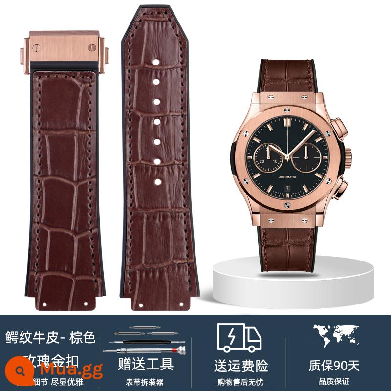 Tương thích với dây đeo HUBLOT Hengbao Hublot Big Bang classic fusion Hublot notch 19MM dây đeo cao su silicon - Khóa vàng hồng họa tiết cá sấu da bò màu nâu