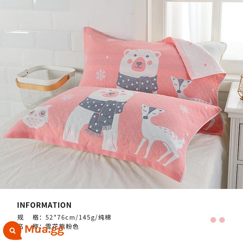 Jie Liya gối khăn cotton nguyên chất một đôi hộ gia đình bông gạc cao cấp 2022 bé trai đệm khăn gối khăn - Gấu Tuyết-Hồng (Đôi Vỏ Gối 52*76cm)