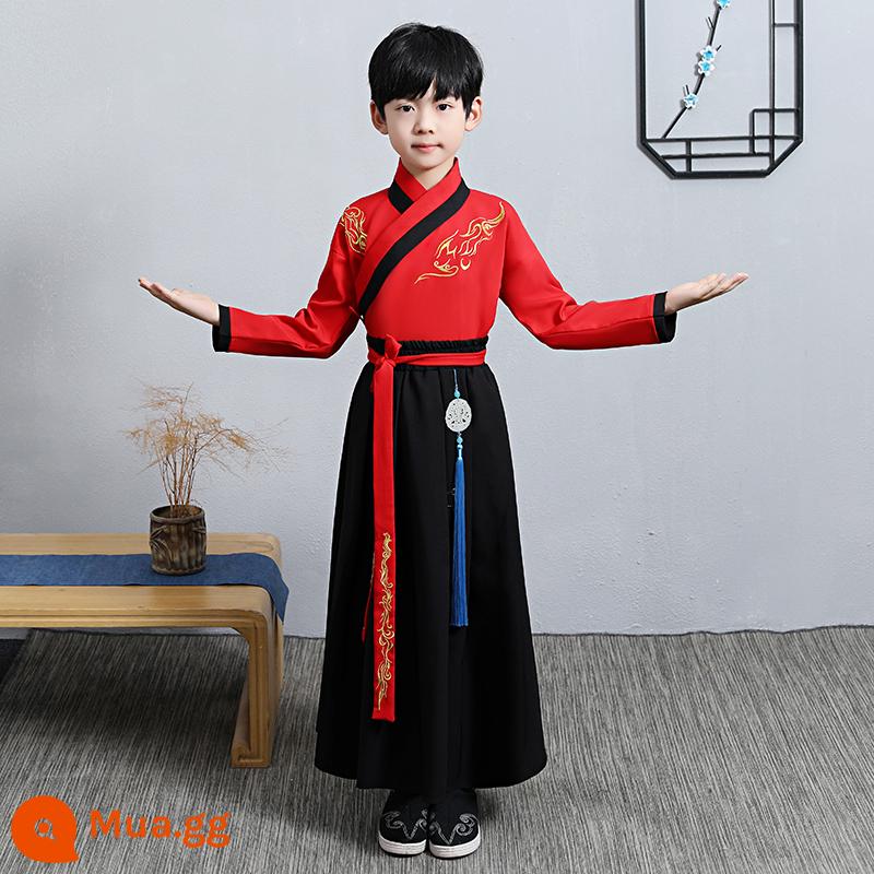 Hanfu trẻ em, phong cách Trung Hoa nam, phong cách mùa thu, trang phục bé trai, quần áo biểu diễn lớp, đồng phục học sinh Trung Quốc của cậu bé sách, bộ đồ Đường - Màu đỏ (tặng quạt gấp + giày)