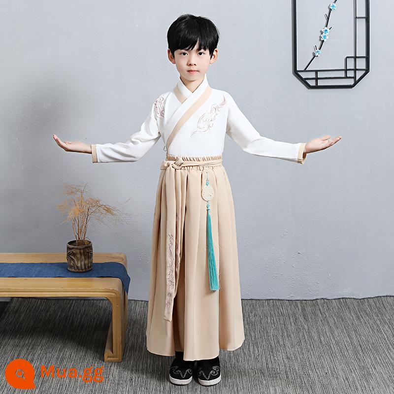 Hanfu trẻ em, phong cách Trung Hoa nam, phong cách mùa thu, trang phục bé trai, quần áo biểu diễn lớp, đồng phục học sinh Trung Quốc của cậu bé sách, bộ đồ Đường - Màu be (tặng quạt gấp + giày)