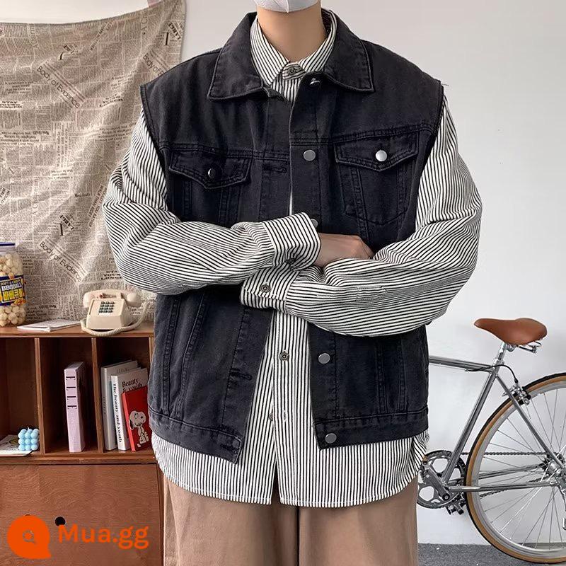 Mùa xuân và mùa thu áo khoác denim dáng rộng mới cho nam xu hướng áo khoác công cụ phiên bản Hàn Quốc phù hợp với tất cả quần áo giản dị phong cách Hồng Kông - Áo vest đen [xám đen]