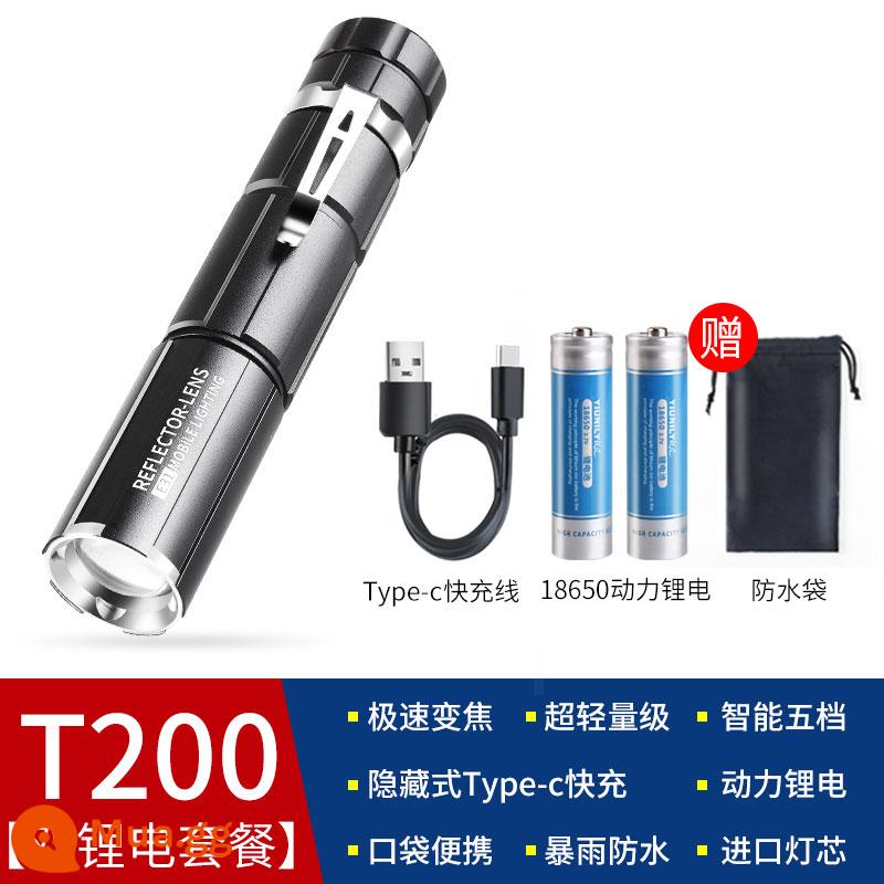 Đèn pin siêu sáng Rini sạc ngoài trời nhỏ chống chói mini nhỏ bền pin xenon di động chiếu sáng xa - [Gói pin lithium kép 4] Pin lithium T200-18650-Chế độ sạc ẩn zoom siêu cơ học