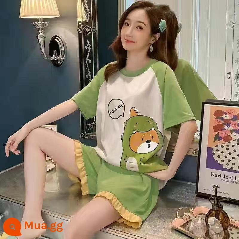 Bộ đồ ngủ mới quần short ngắn tay mùa hè của phụ nữ có thể mặc ra ngoài phục vụ tại nhà Bộ đồ lưới màu đỏ phong cách mùa hè 2023 mỏng mới - Khủng long xanh [bộ]