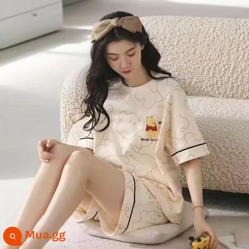 Bộ đồ ngủ mới quần short ngắn tay mùa hè của phụ nữ có thể mặc ra ngoài phục vụ tại nhà Bộ đồ lưới màu đỏ phong cách mùa hè 2023 mỏng mới - Winnie the Pooh [bộ]