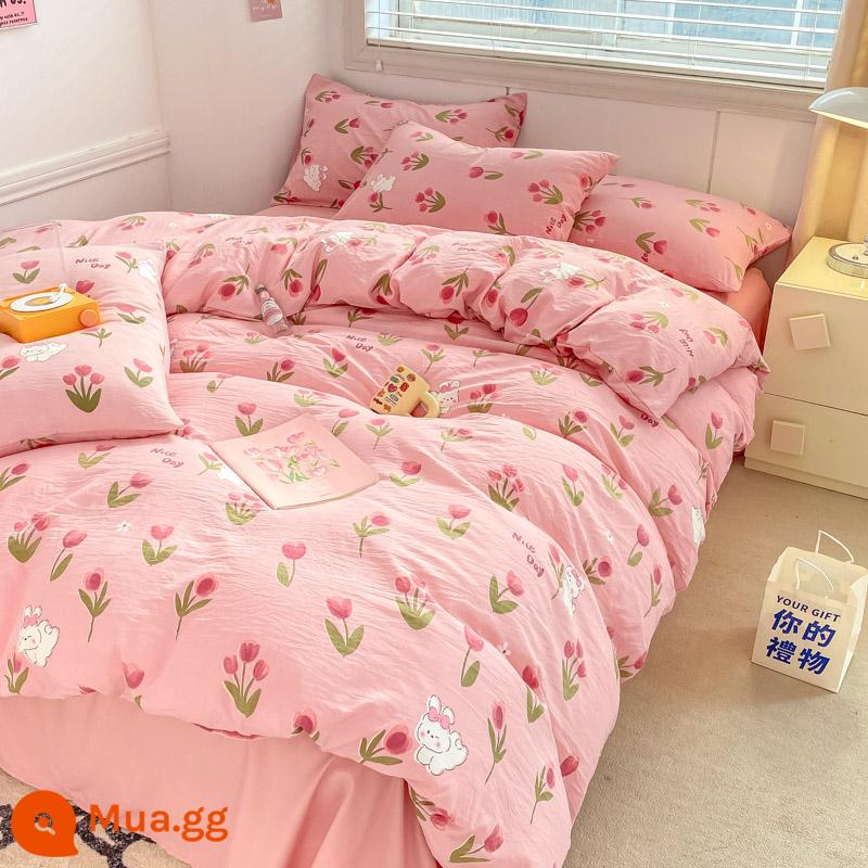 Loại A Bộ bốn mảnh sợi hai lớp đã giặt bằng vải cotton Vỏ chăn ga trải giường dễ thương tươi mới trong ký túc xá Bộ ba mảnh bằng cotton nguyên chất - Nhật ký trà ngọt-Bột [Sợi hai lớp loại A]