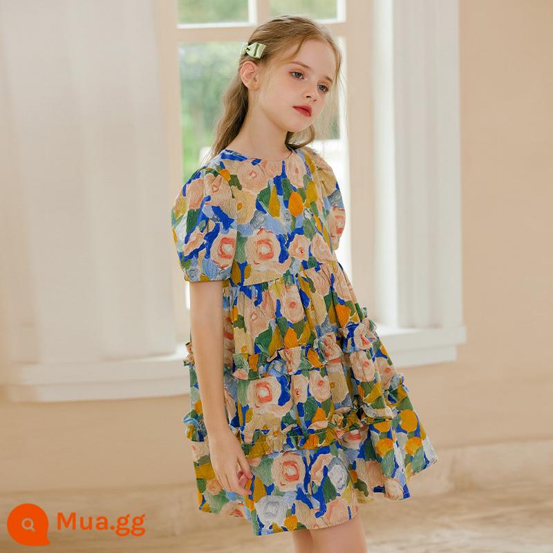 LittleNaive Đầm trẻ em cỡ trung và lớn phong cách mùa hè hoa tulip cotton dáng rộng đầm công chúa ngọt ngào cho bé gái - hoa màu xanh cam