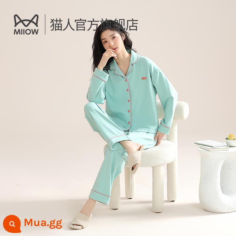 Bộ đồ ngủ cotton nguyên chất Catman cho nữ 2024 Bộ áo cardigan dài tay phong cách mùa xuân mới mùa xuân và mùa thu có thể mặc như quần áo mặc ở nhà bằng vải cotton bên ngoài - hoa lan nước xanh