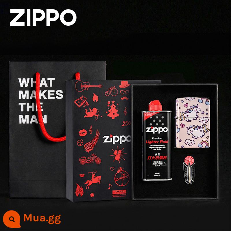 Bật lửa Zippo chính hãng chính hãng màu hồng đầy sao kỳ lân zioopo quà tặng cậu bé hoạt hình dễ thương - Kỳ lân bầu trời đầy sao in màu [phiên bản hộp quà tặng]