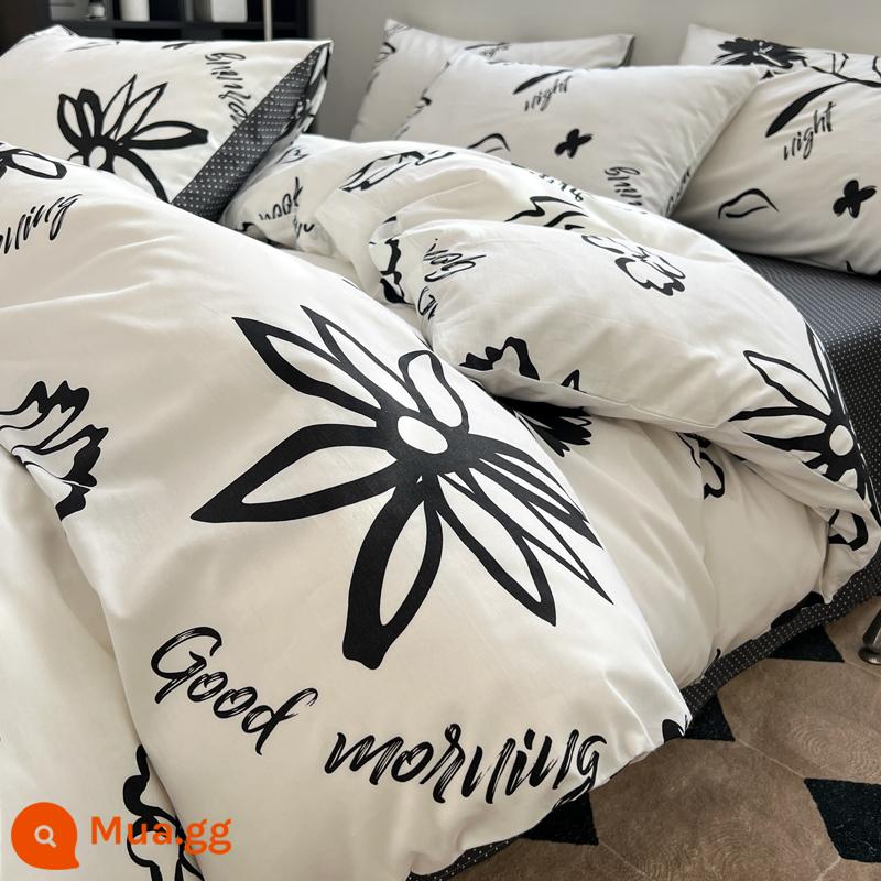 Ins giường cotton đơn giản bộ bốn món 100 cotton mùa đông kẻ sọc chăn ga trải giường được trang bị tấm trải giường ba món - dền