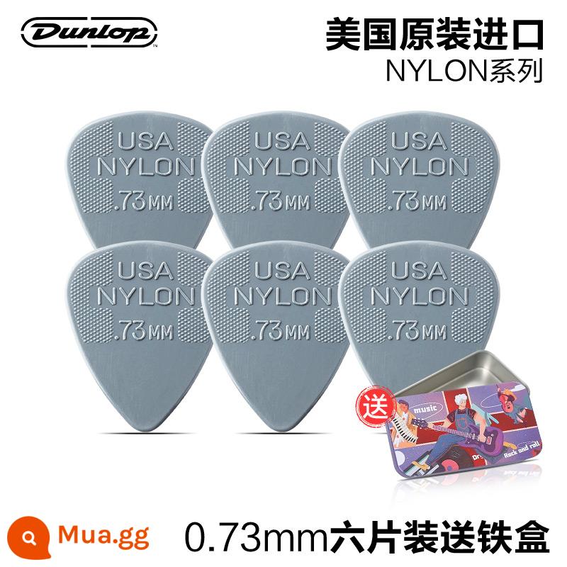 Sáu mảnh Dunlop Nylon do Mỹ sản xuất Dunlop nylon mái chèo bom tốc độ chống trượt điện gỗ đàn guitar ngón tay mảnh mùa xuân - [Gói sáu chiếc] NYLON 0,73mm+hộp sắt