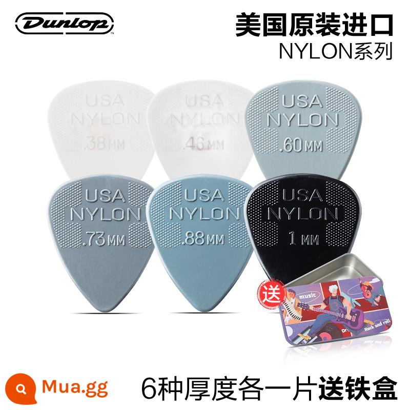 Sáu mảnh Dunlop Nylon do Mỹ sản xuất Dunlop nylon mái chèo bom tốc độ chống trượt điện gỗ đàn guitar ngón tay mảnh mùa xuân - [Gói 6 cái] NYLON 6 độ dày mỗi cái + hộp sắt