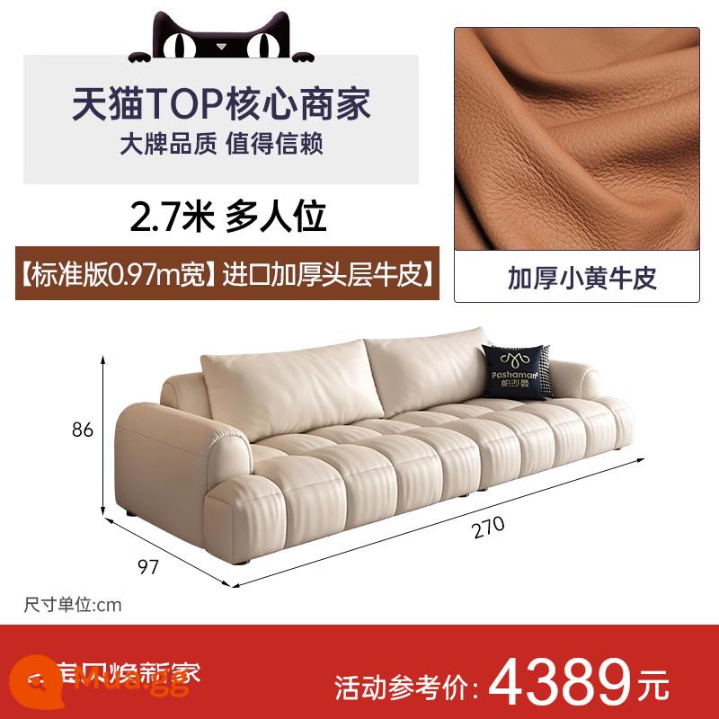 Pashaman ghế sofa da phồng lớp đầu tiên da bò ánh sáng sang trọng marshmallow kem phong cách Pháp phòng khách thẳng hàng phím đàn piano - [Phiên bản tiêu chuẩn rộng 0,97m] MP nhiều người 2,7m nhập khẩu da bò lớp đầu tiên dày 1,5mm