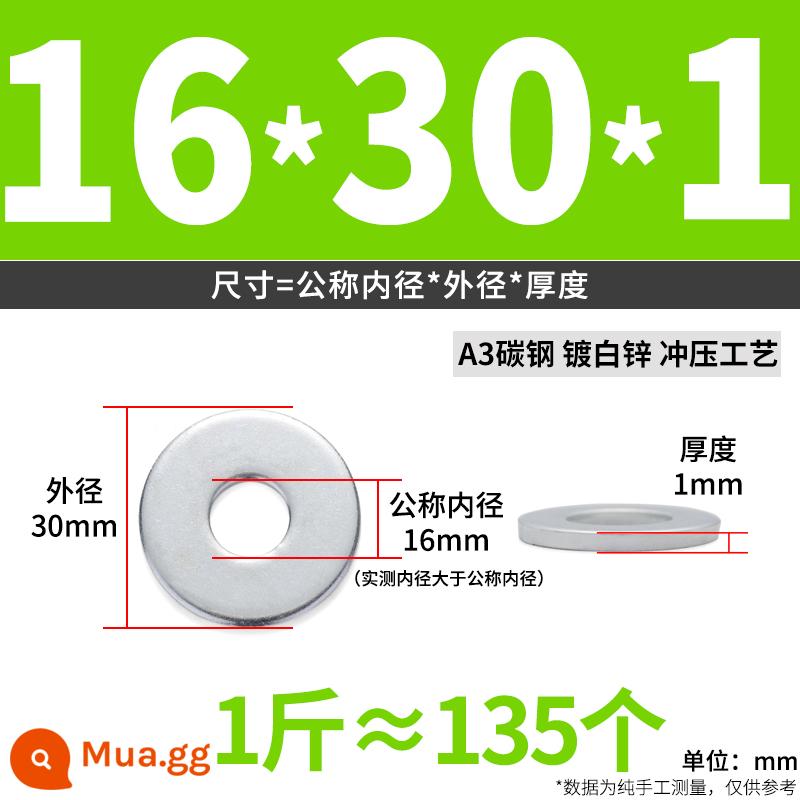 Miếng đệm kim loại phẳng mạ kẽm Miếng đệm vít dày tròn cực lớn M6M8M10M12M14M16 - 16*30*1 (khoảng 135 miếng mỗi catty)