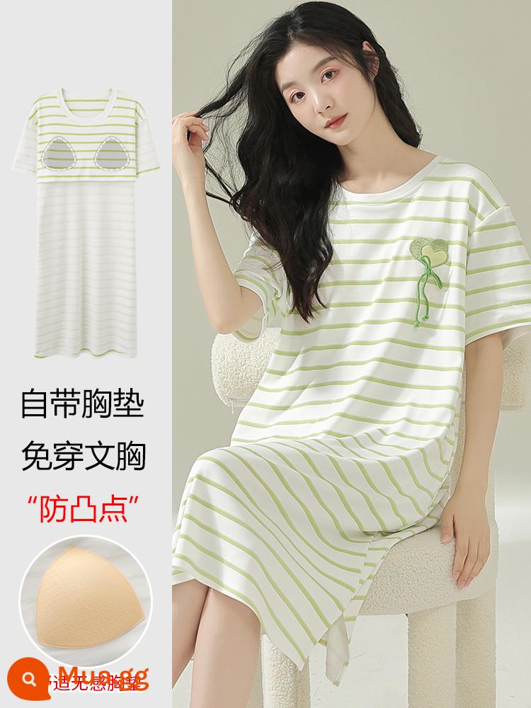 Váy ngủ Nanjiren mùa hè cho nữ cotton nguyên chất ngắn tay đệm ngực mùa hè XL sọc chất lượng cao có thể mặc bên ngoài bộ đồ ngủ - NJR-MG5352