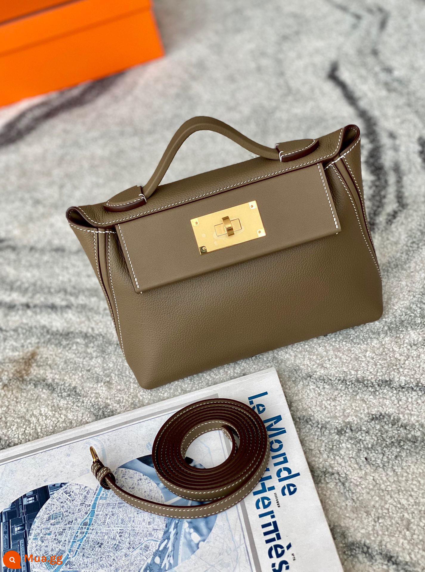 Gia đình H mới Túi xách mini Kelly 2424mini Túi Kelly xách tay Messenger da bò nguyên miếng full tay đường chỉ sáp - Chú thích Khóa vàng và bạc 21CM màu xám voi