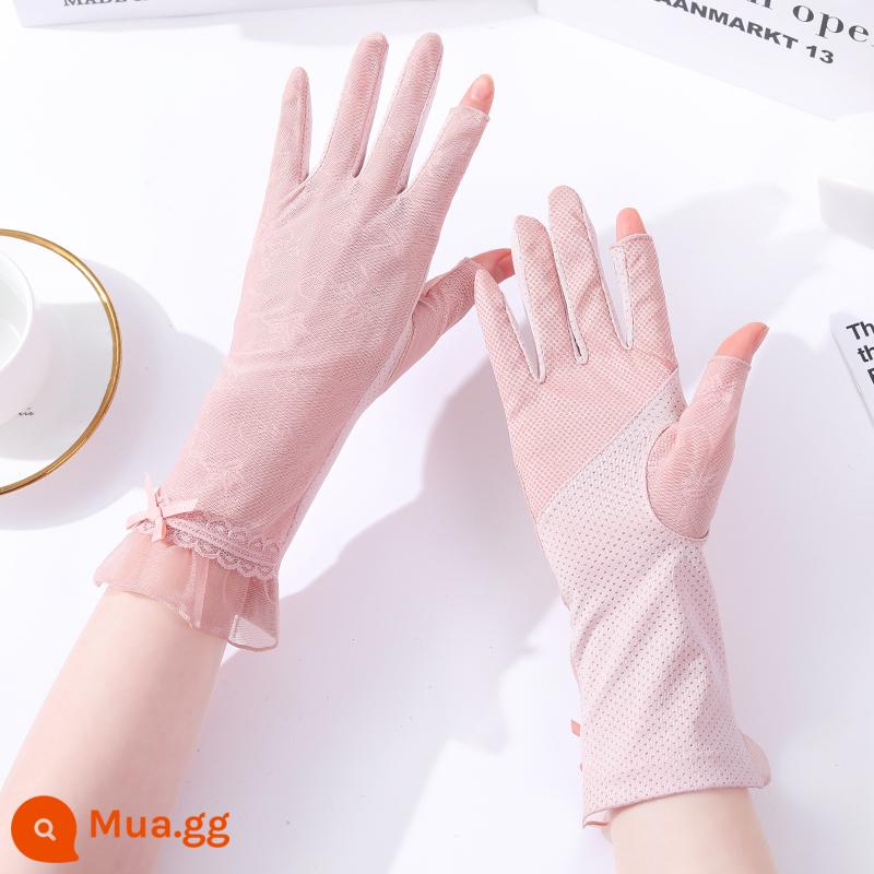 Găng tay chống nắng chống tia cực tím mỏng cho nữ khi lái xe và cưỡi ngựa hái chè làm móng cotton chống trượt tay áo thoáng khí màn hình cảm ứng cho nữ - Màu sen——Bing lụa A-59 hở 2 ngón (ngón lộ 31cm)