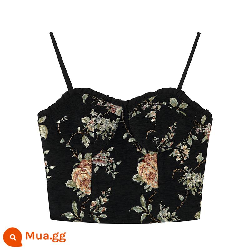 Lu Qingyi [Mùa thu Xu] Chenille Yếm trong mùa hè dành cho nữ Thiết kế diềm xếp nếp cổ điển Jacquard Top Top - đốm đen