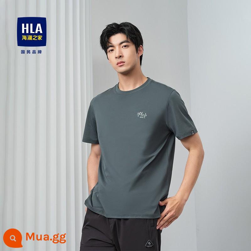 HLA/Heilan Nhà Nam Cotton Nguyên Chất Áo Thun Tay Ngắn Mùa Hè 2024 Màu Cổ Tròn Đơn Giản In Chữ Hàng Đầu dành Cho Nam - Xanh xám 7B [Phong cách mới 2024]