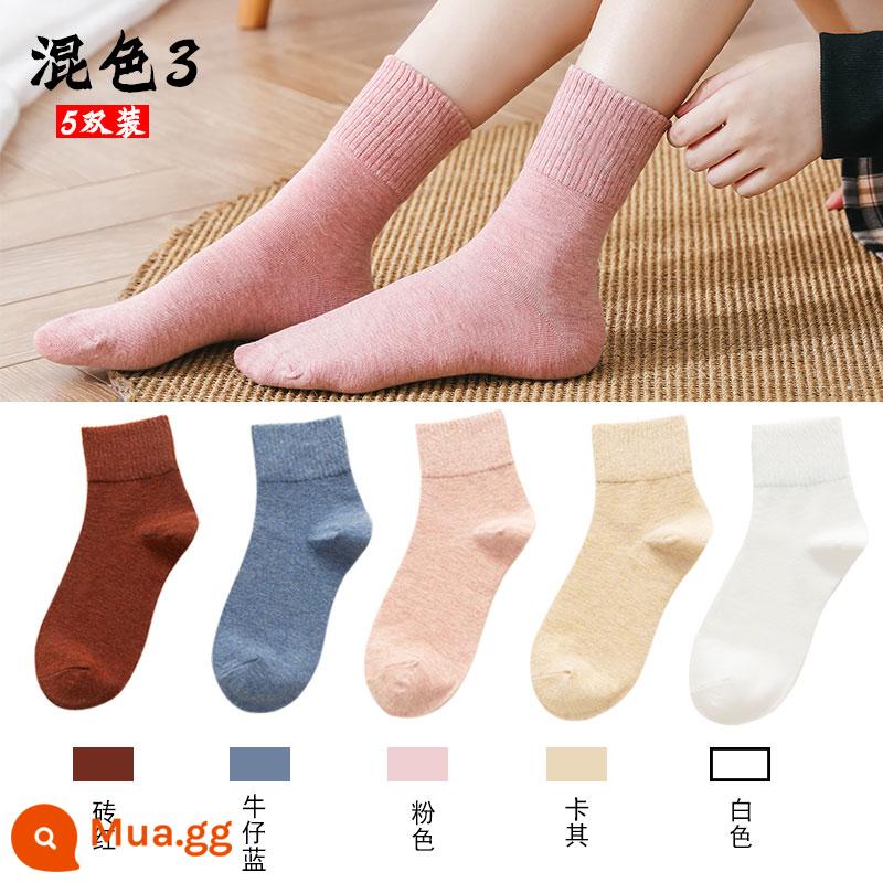 Vớ nữ ống dài xuân thu hè cotton mỏng thấm hút mồ hôi ống dài Nhật Bản vớ in triều mẫu thu đông - C màu trơn hỗn hợp 3 (gói 5 đôi)