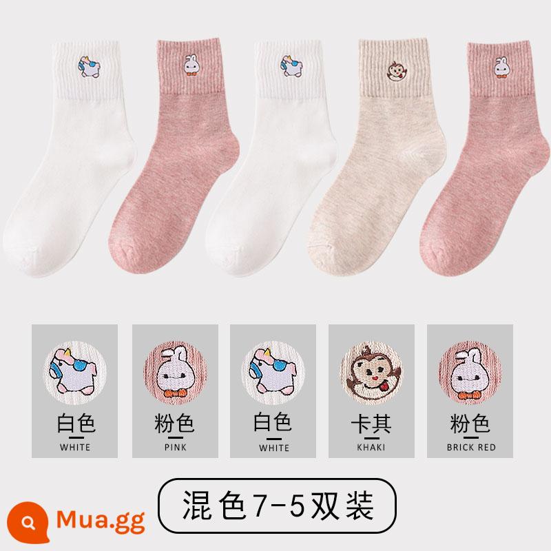 Vớ nữ ống dài xuân thu hè cotton mỏng thấm hút mồ hôi ống dài Nhật Bản vớ in triều mẫu thu đông - Một màu hỗn hợp 7 (5 đôi)