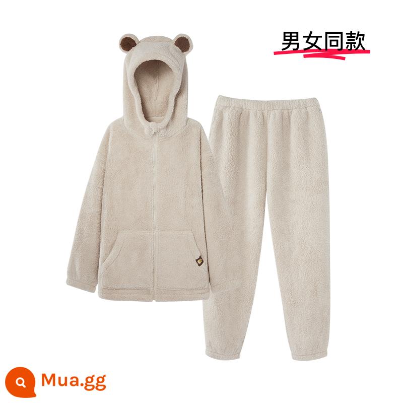 [Phong cách tương tự như Yu Shuxin] ubras Bear Velvet | Panda Coral Velvet Homewear Cặp đôi Bộ đồ ngủ mùa đông - Sữa yến mạch cùng màu cho nam và nữ