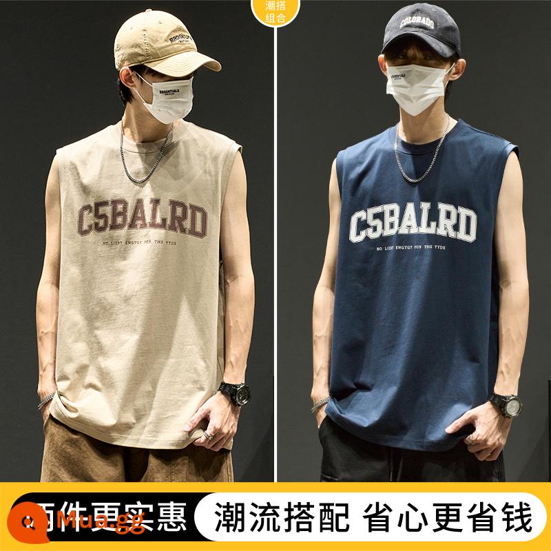 Áo vest bé trai Mỹ triều thương hiệu chữ rời hip-hop vest cotton mùa hè xu hướng thể thao áo khoác ngoài áo thun không tay - Kaki + Xanh navy [Mua hai chiếc, giảm 10 tệ]