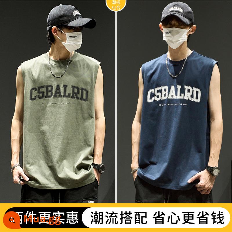 Áo vest bé trai Mỹ triều thương hiệu chữ rời hip-hop vest cotton mùa hè xu hướng thể thao áo khoác ngoài áo thun không tay - Xanh + Xanh nước biển [Mua hai chiếc, giảm 10 nhân dân tệ]