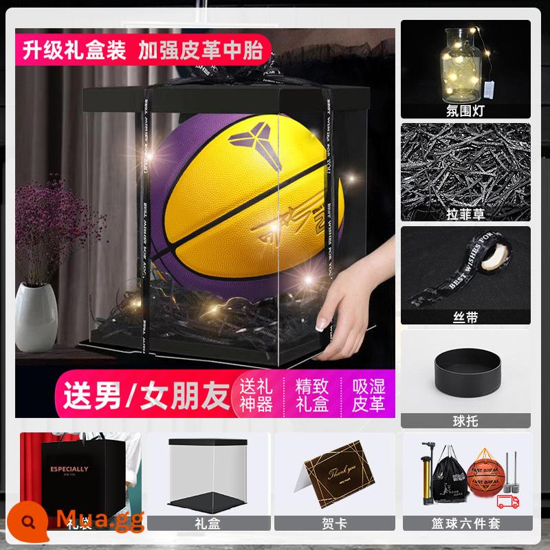 Black Mamba Kobe Bryant Bóng rổ Số 24 Chữ ký Số 7 Bóng rổ Ngoài trời Da Da Tay Số 5 Trẻ em Học sinh Quà tặng - [Phong cách hộp quà được nâng cấp] Phong cách màu vàng tím đậm với gói quà lớn