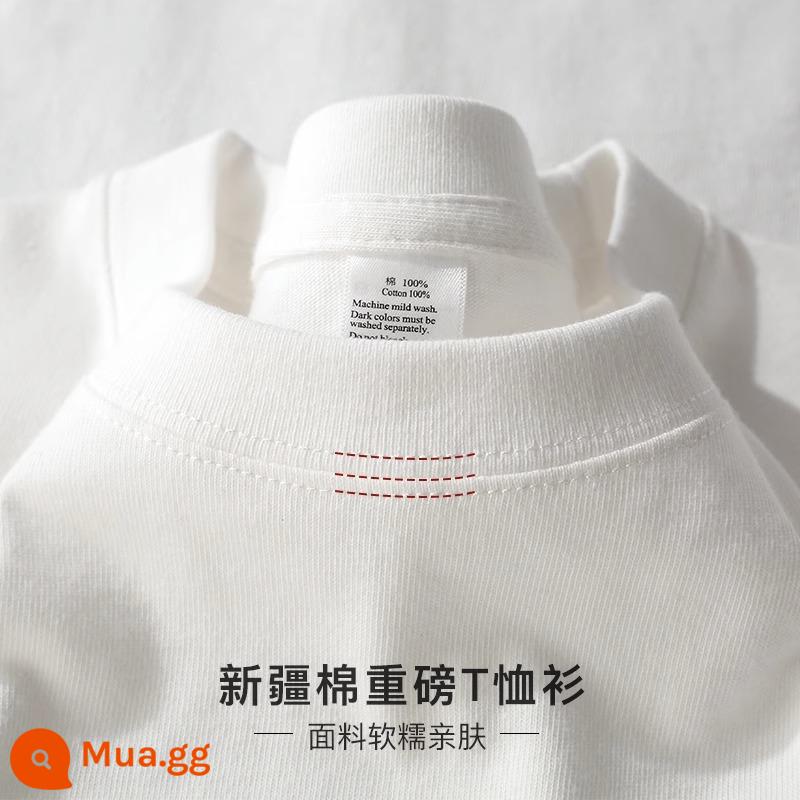 Áo thun cotton dài tay cổ tròn nặng 300g cotton Tân Cương dành cho nam và nữ dáng rộng thông thường, áo thun có đáy cỡ lớn hàng đầu hợp thời trang - Áo dài tay màu trắng 300g cotton nặng