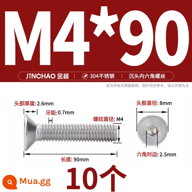 Jinchao 304 thép không gỉ chìm đầu vít lục giác bu lông đầu phẳng phẳng cốc vít M2.5M34M6M8M10M12 - M4*90 (10 cái)