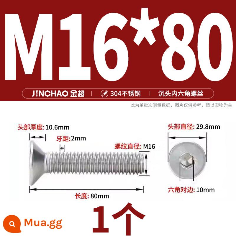 Jinchao 304 thép không gỉ chìm đầu vít lục giác bu lông đầu phẳng phẳng cốc vít M2.5M34M6M8M10M12 - M16*80(1 cái)