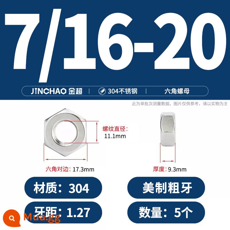 Bu lông đai ốc lục giác inox 304 316 đai ốc mũ vít M3M4M5M6M8M10M12-M33 - Răng 7/16-20 (5 cái)