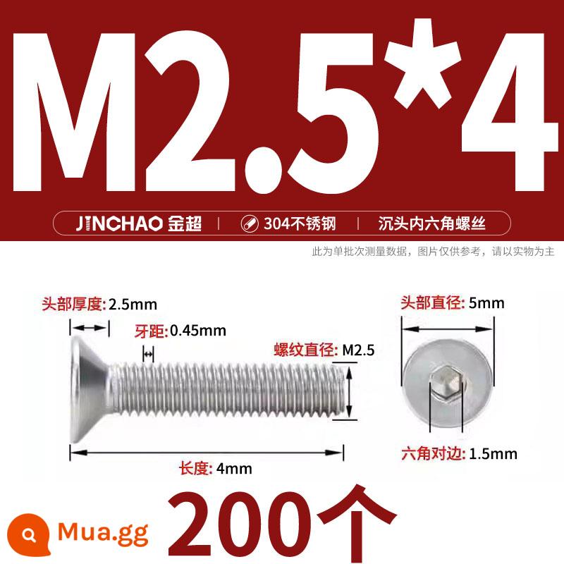 Jinchao 304 thép không gỉ chìm đầu vít lục giác bu lông đầu phẳng phẳng cốc vít M2.5M34M6M8M10M12 - M2.5*4(200 cái)