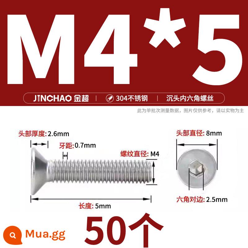 Jinchao 304 thép không gỉ chìm đầu vít lục giác bu lông đầu phẳng phẳng cốc vít M2.5M34M6M8M10M12 - M4*5(50 miếng)